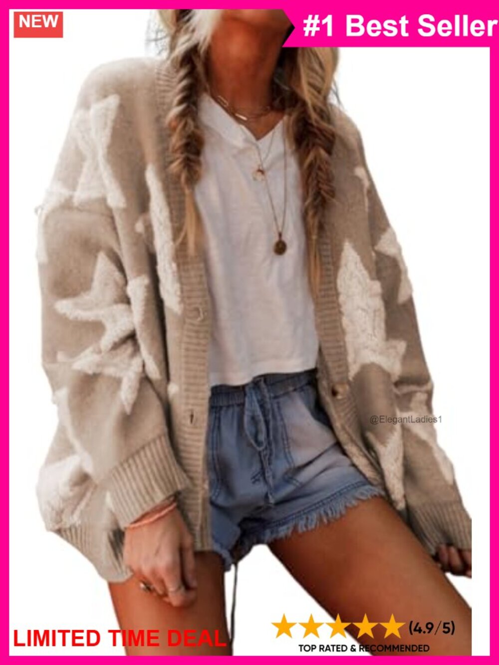 Sherpa Textured Knit Cardigan Open Front Star Loose Fit Winter Sweater Coat